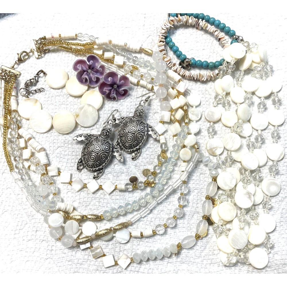 Summer Jewelry Lot Sea Turtle Earrings MOP Necklace Shell Bracelet Beach House